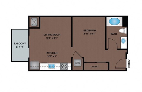 Floor plan for studio, 1 bath, 584 sqft